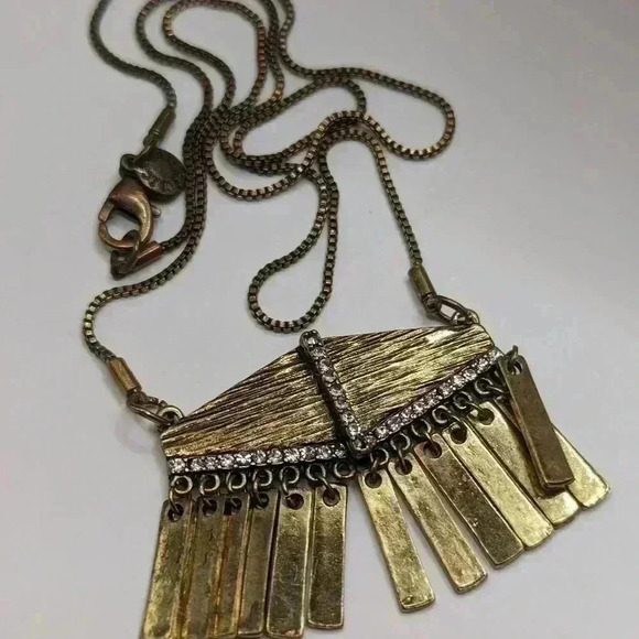  J Crew Gold Necklace fringe 1" pendant 18" chain good used condition patina - Picture 4 of 6